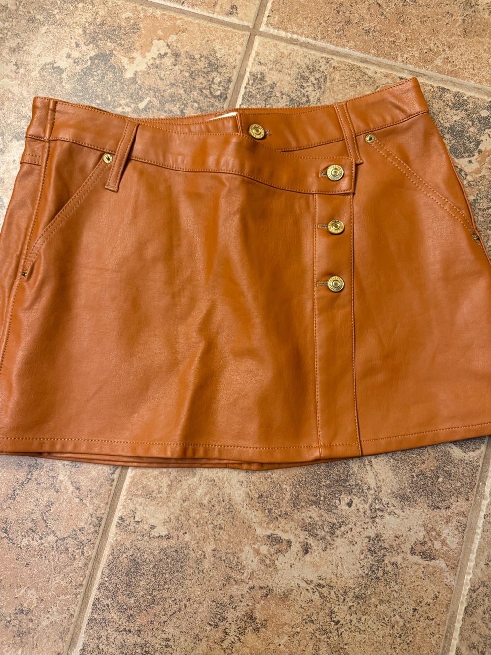 We The Free Mini Skirt in Warm Cognac Brown with Gold Buttons